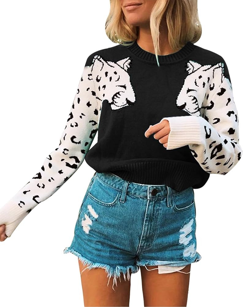 Mansy Women's Casual Long Sleeve Crew Neck Cute Animal Leopard Print Knitted Pullover Sweater Top... | Amazon (US)