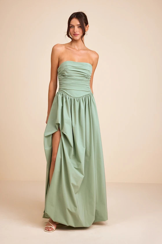 Marilou Sage Green Strapless Ruched Lace-Up Maxi Dress | Lulus