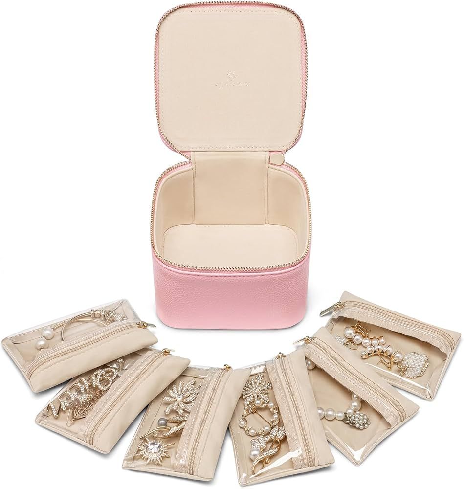 Vlando Travel Jewelry Box for Women,Faux Leather Jewelry Box with 6 Velvet Jewelry Zipper Pockets... | Amazon (US)