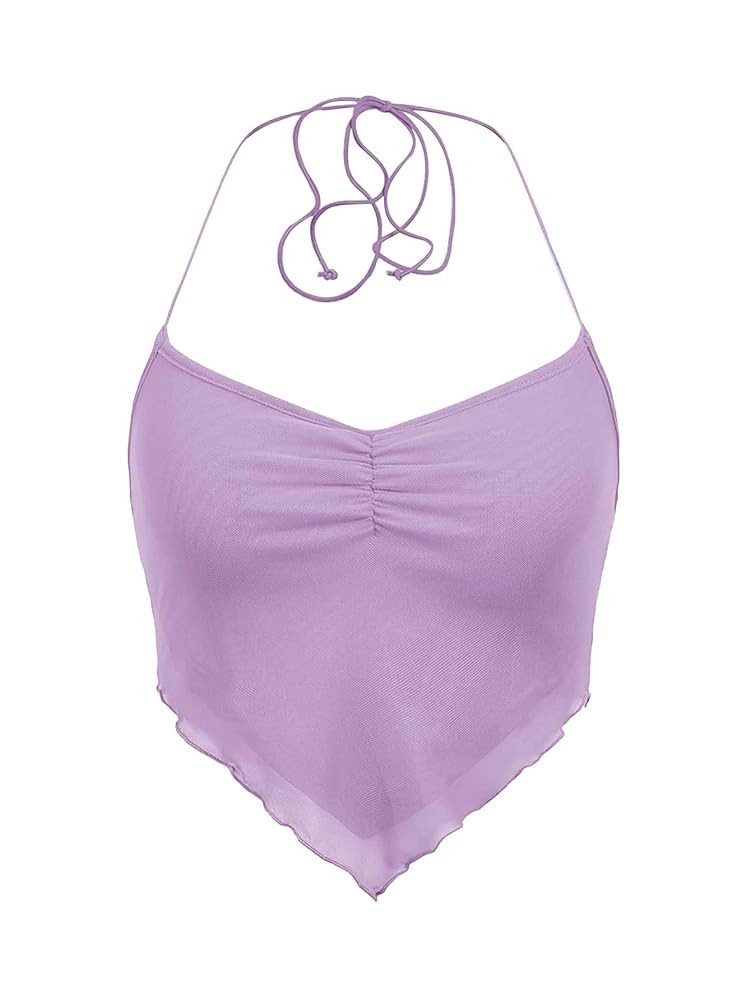 Floerns Women's Ruched Sleeveless Halter Neck Tie Back Hanky Hem Crop Cami Top | Amazon (US)