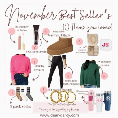 Novembers Top 10sellers that would make great gifts🎁✨🎄

1. 40oz monogram tumbler under $30
2. Colleen Rothschild handcream
3. Gold beaded bracelets
4. Monogram jewelry box perfect for travel
5, city Beauty lips stain & plumping gloss
6 striped slack 
7. Platform Ugg dupes 
8. Faux leather fleece lined leggings
9. Slouchy chenille sweater
10. Evergreen white stitched sweater

#LTKGiftGuide #LTKsalealert #LTKstyletip