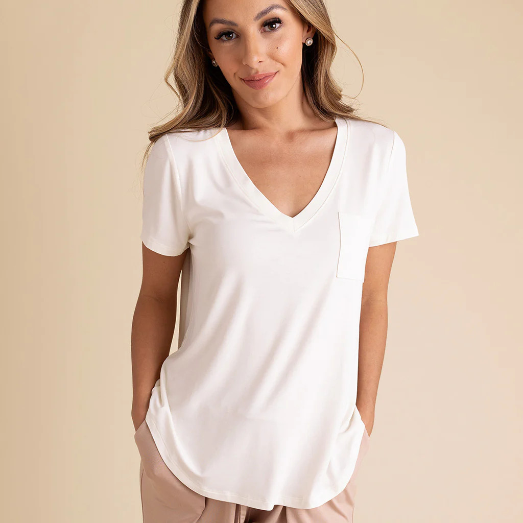 Solid White Short Sleeve Women's Pajama Top | Vanilla | Posh Peanut
