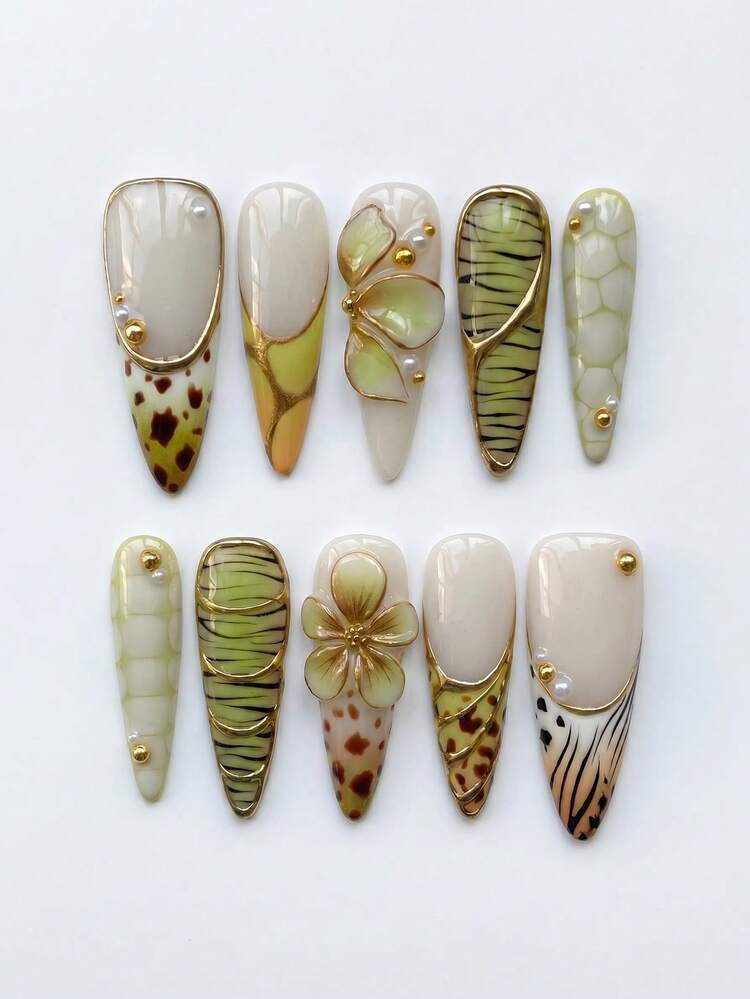 10pcs Y2K Handmade Long Almond Shaped Nail Tips, Leopard Print, Tortoiseshell Pattern And Zebra P... | SHEIN