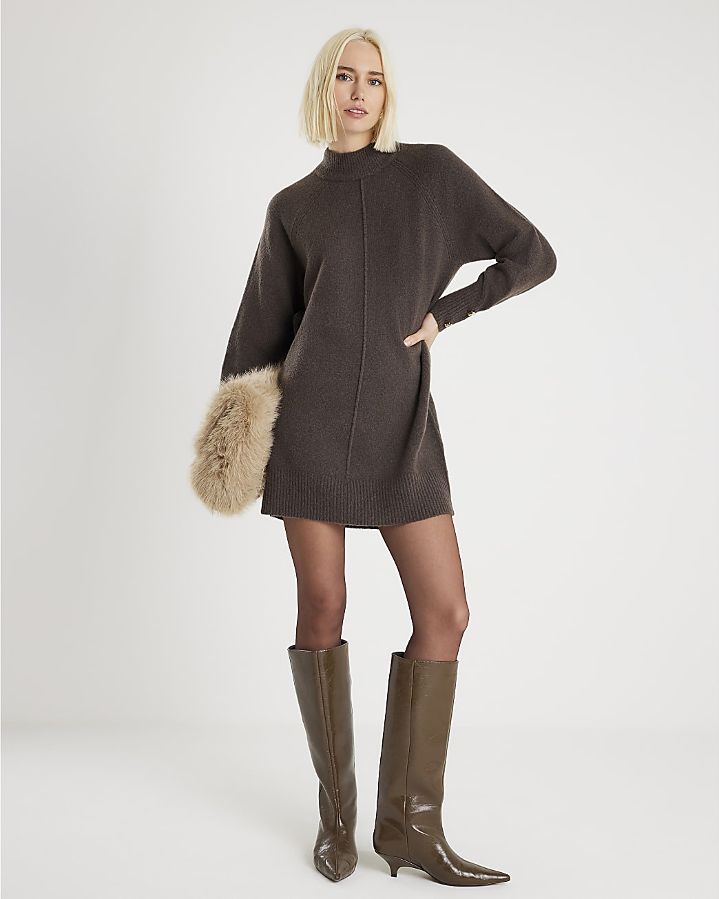 Brown Knitted Long Sleeve Jumper Dress | River Island UK & IE