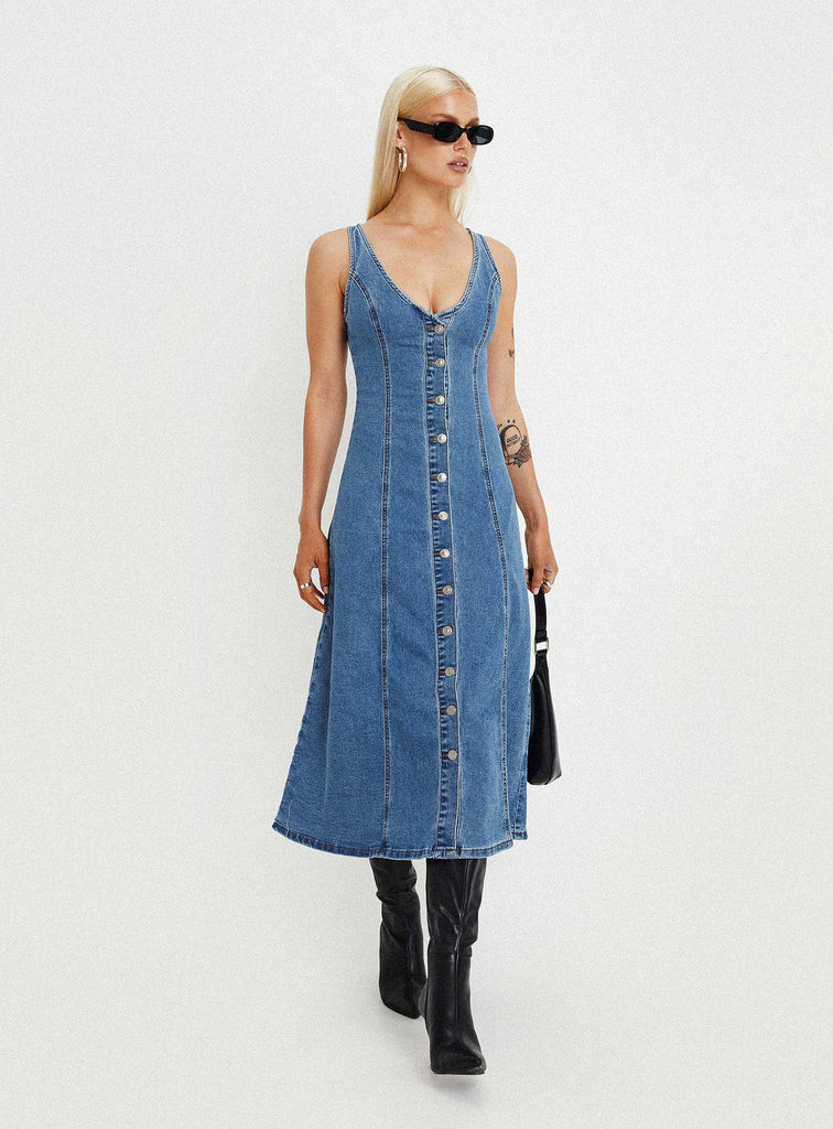 Midler Denim Midi Dress Mid Blue | Princess Polly US