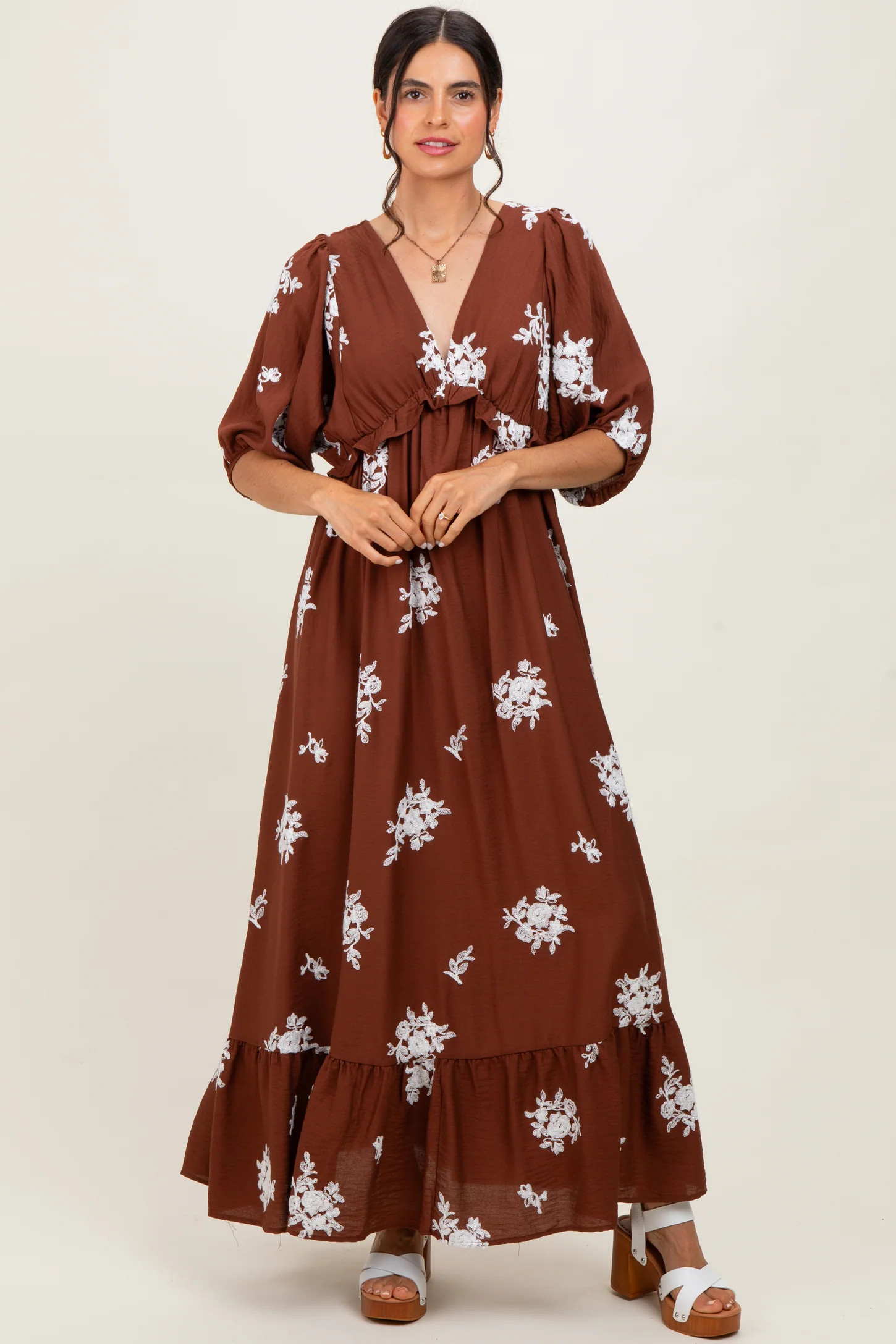 Brown Vintage Floral Embroidered V-Neck 3/4 Sleeve Maxi Dress | PinkBlush Maternity