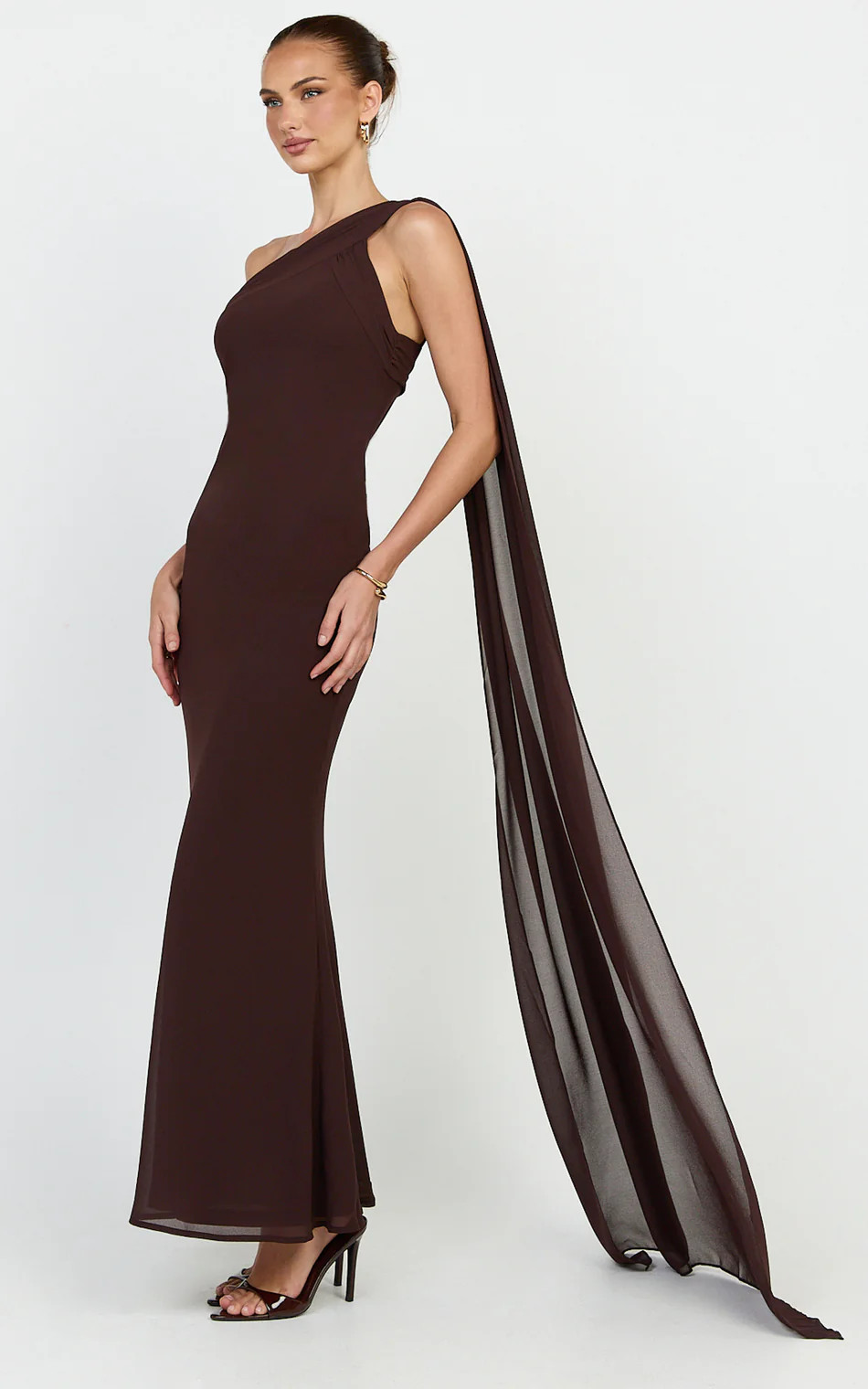 One Shoulder Scarf Dress in Chocolate | Showpo (US, UK & Europe)