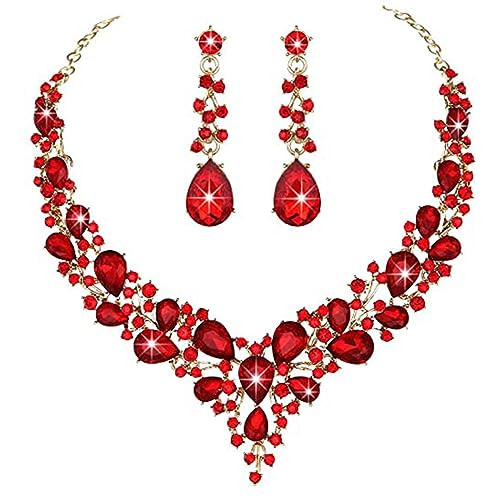 Qlavoca Clear Crystal Rib Statement Necklace Earrings Set Spark Rhinestone Bridal Jewelry Set Floral Women Chunky Necklace Earring (Red) | Amazon (US)