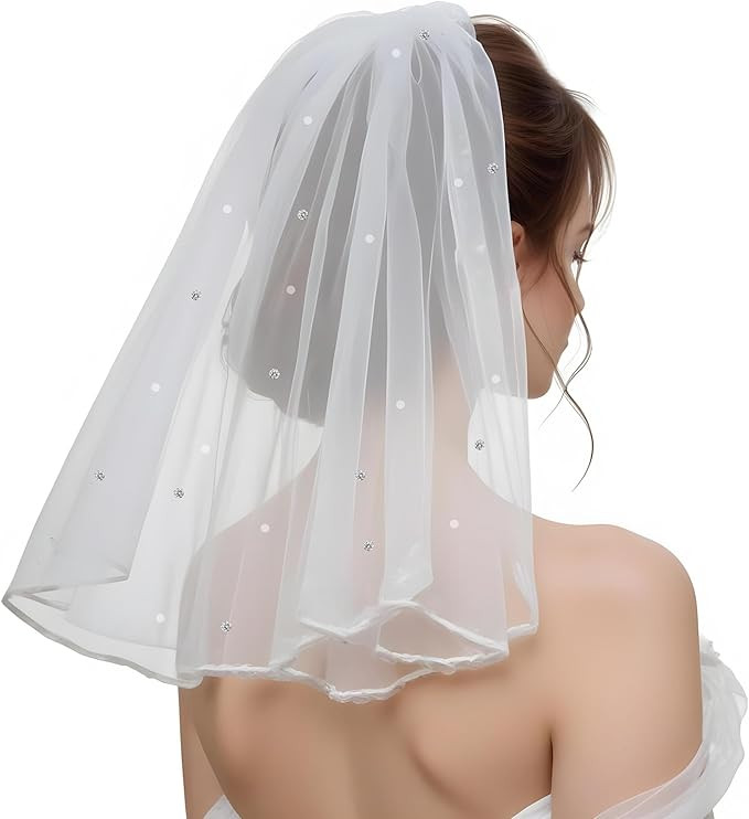 Short Bridal Veil, Women's Short Vails with Rhinestone White Short Wedding Veil with Comb Elegant... | Amazon (US)