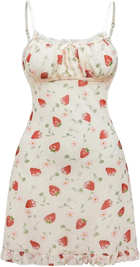 Women's Strawberry Print Bow Cami Dress Y2k Ruched Ruffle Hem Sleeveless Vacation Mini Dress | Amazon (US)