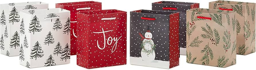 Hallmark 6" Small Holiday Gift Bags (8 Bags: Winter Foliage, Rustic Snowman, "Joy" on Red, Black ... | Amazon (US)