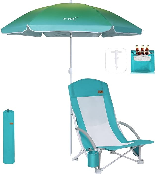 Beach Chair, Beach Chairs for Adults with Umbrella and Cooler, High Back, Cup Holder & Carry Bag ... | Amazon (US)