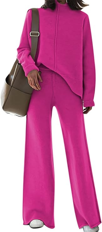 Fixmatti Women Knit Sweatsuit Turtleneck Sweater Top and Wide Leg Pant 2 Piece Outfits | Amazon (US)