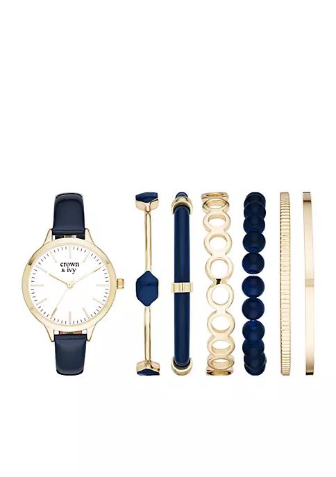 Women's Gold-Tone & Genuine Leather Strap Watch Bracelet Set | Belk