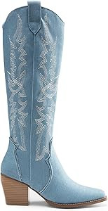 DREAM PAIRS Womens Cowboy Boots Wide Calf Comfortable Pull On Zipper Chunky Heel Pointed Toe Embr... | Amazon (US)