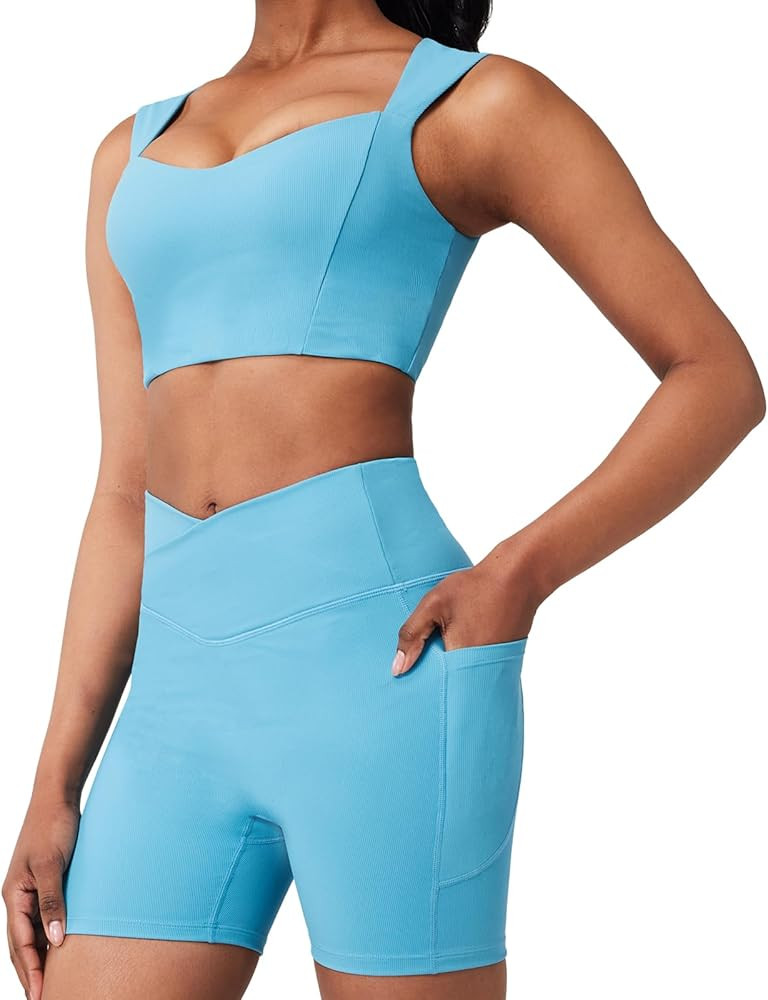 Casei Womens Workout Sets 2 Piece Outfits Ribbed Crop Tank Square Neck High Waist Biker Shorts Tr... | Amazon (US)