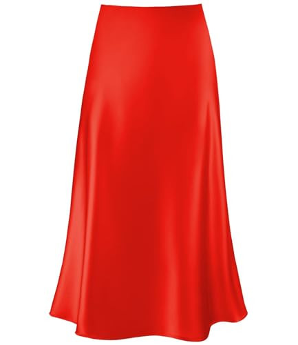 Women's Satin High Waist Hidden Elasticized Waistband Flared Casual A Line Midi Skirt (Red, Large) | Amazon (US)