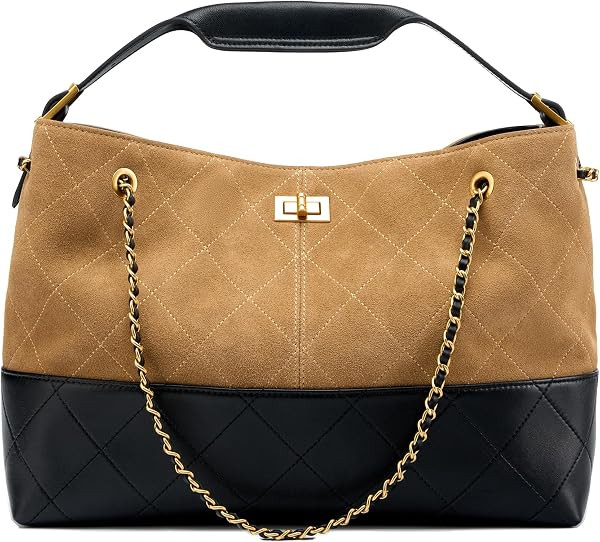Soft Genuine Leather Lambskin Suede Quilted Bag,Carryall Top Handle Gold Chain Shoulder Shopping ... | Amazon (US)