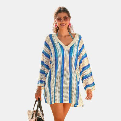Cupshe Women's Striped Beach Cover Up Top with V-Neck-L-Blue | Target
