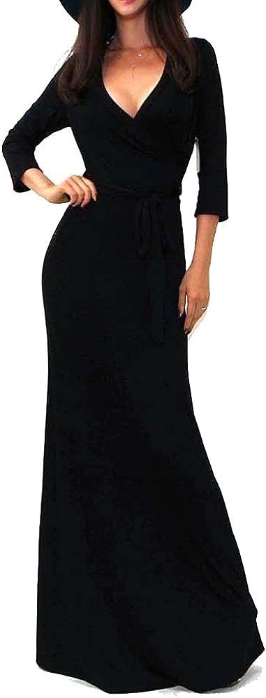 Vivicastle Women's USA Solid V-Neck 3/4 Sleeve Faux Wrap Waist Long Maxi Dress | Amazon (US)