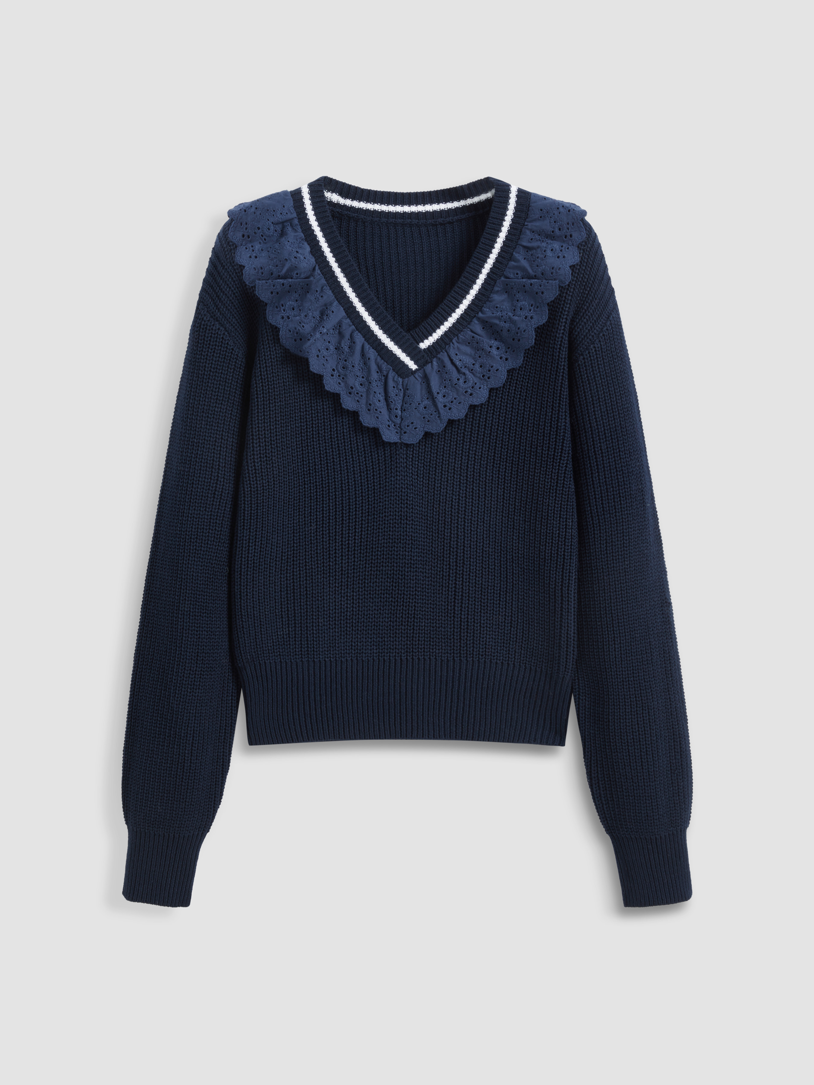 Knit Fabric V-neck Lace Trim Sweater For School | Cider