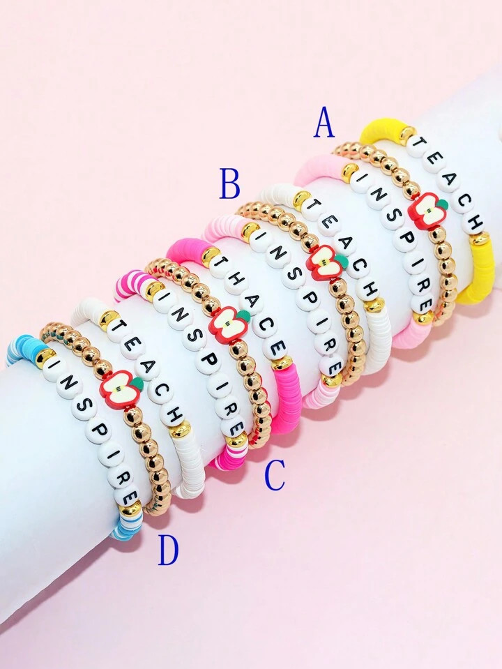 3pcs/set Women's Black Onyx & Soft Clay Letter TEACH, INSPIRE Apple Elastic Beaded Bracelet Set A... | SHEIN
