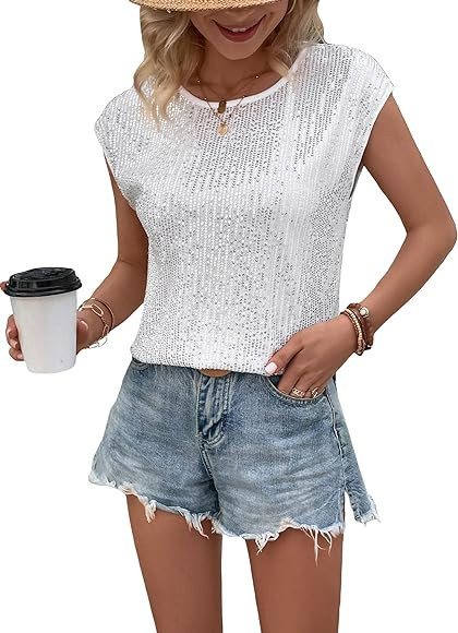 SweatyRocks Women's Round Neck Glitter Sequins Shirts Top Casual Cap Sleeve Party Tee Tops | Amazon (US)