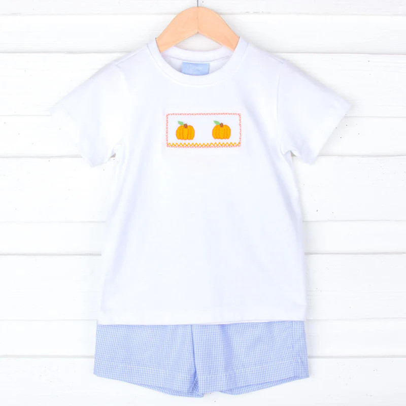 Delightful Pumpkin Light Blue Gingham Smocked Short Set | Classic Whimsy