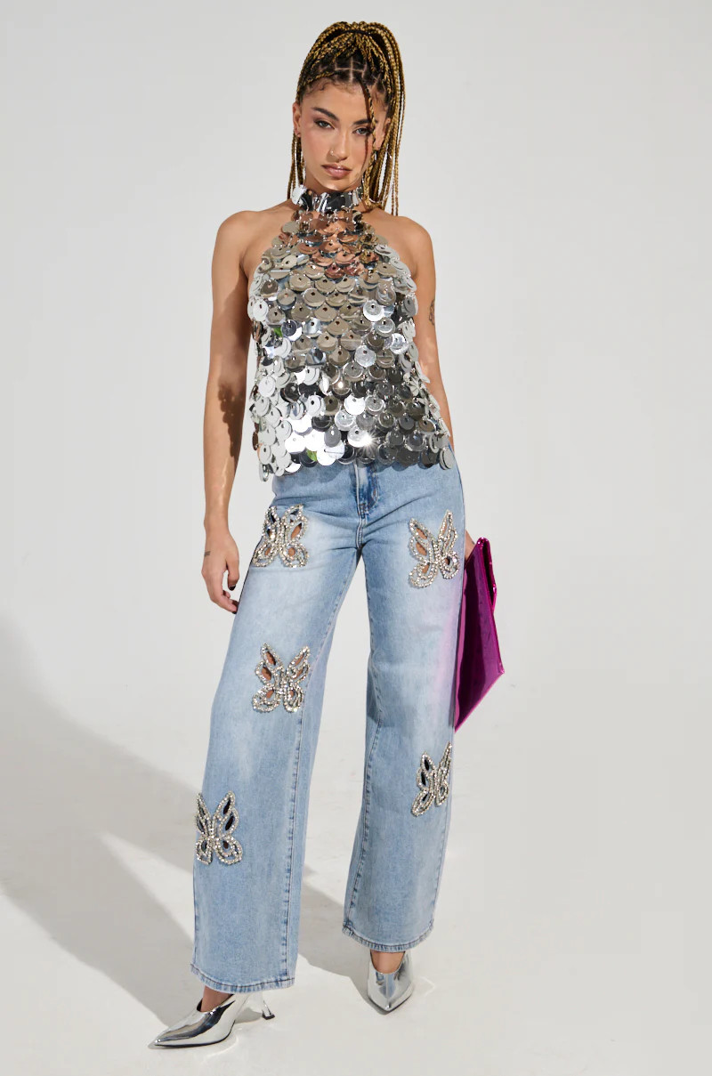 RHINESTONE BUTTERFLY CUTOUT DENIM JEANS | AKIRA