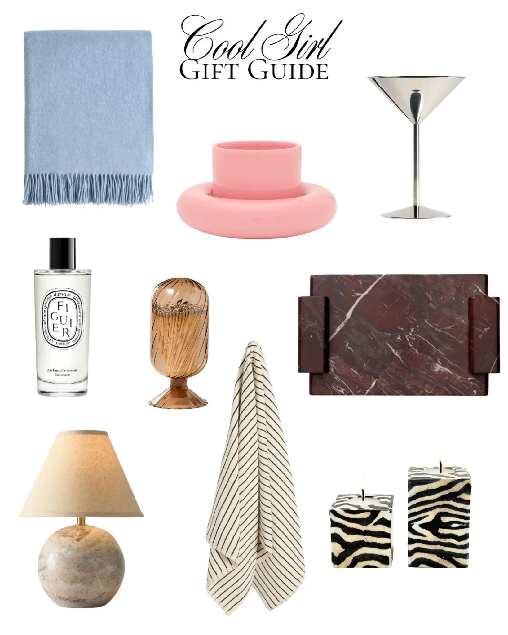 The ultimate 2025 cool girl gift guide: home decor and interior edition! Sharing my chic home decor / home accent picks for the cool girl in your life! These chic accents for the home or apartment are perfect for your stylish bestie! Shop marble decorative trays, chrome martini glasses, table lamp, tekla dupe towels and more … For more links to christmas tablescape, perfume, area rug finds, puffer vest styles, follow me on LTK! ✨

#LTKGiftGuide #LTKHome #LTKHoliday