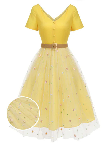 Yellow 1950s V-Neck Daisy Mesh Dress | Retro Stage