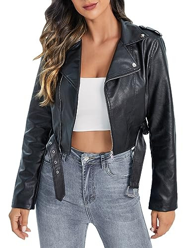GORGLITTER Women's Faux Leather Cropped Moto Jacket Lapel Collar Zip Up Belted Short PU Biker Outwear Black Large | Amazon (US)