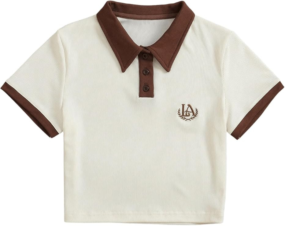 SweatyRocks Women's Cute Embroidery Half Button Collared Fitted Short Sleeve Crop Top Tee Shirt | Amazon (US)