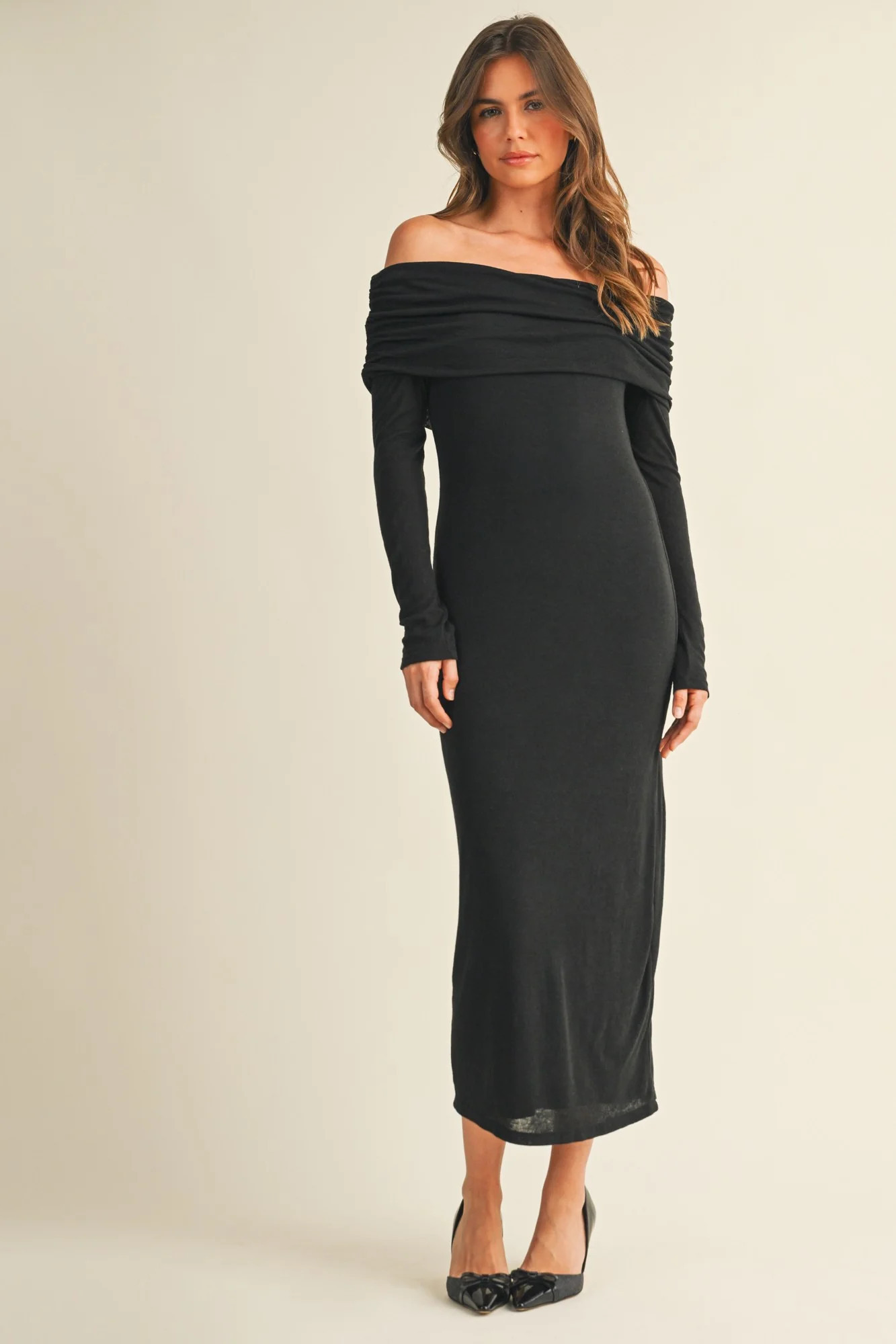 Black Off Shoulder Long Sleeve Maxi Dress | PinkBlush Maternity