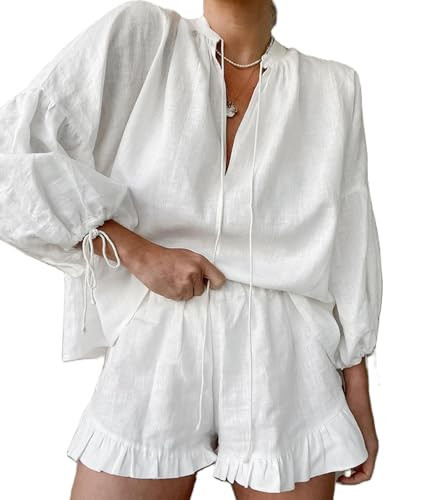 Mxiqqpltky Linen Shorts Sets Women 2 Piece Outfits Long Sleeve Tie Front Tops and Ruffled Boxer Shorts Matching Lounge Sets(White,Small) | Amazon (US)