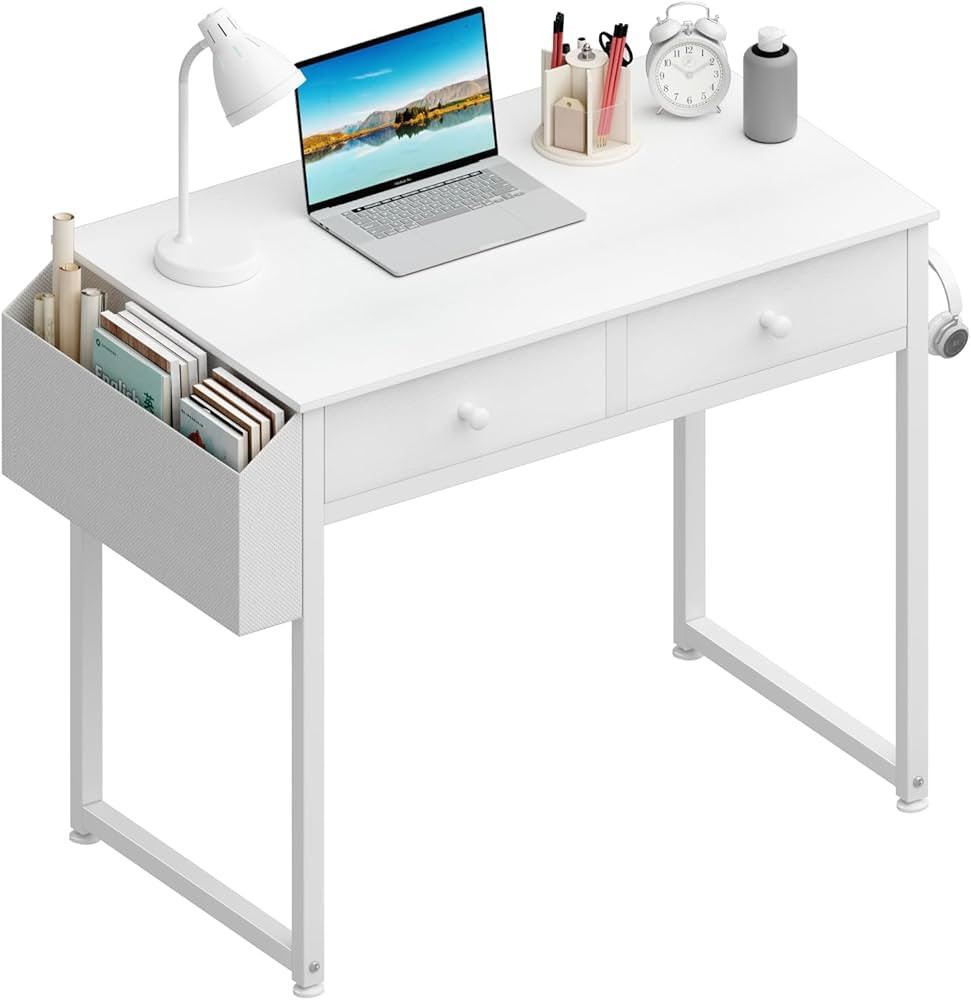 Lufeiya Small White Desk with Drawers - for Bedroom, 32 Inch Home Office Computer Desk with Fabri... | Amazon (US)