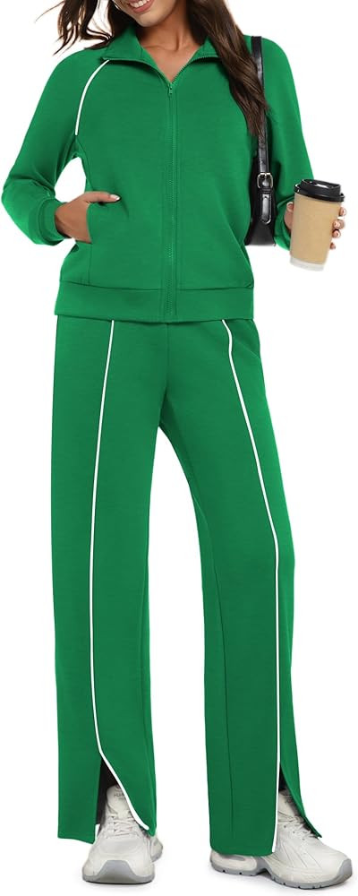 Womens 2 Piece Outfits 2025 Casual Zip Up Sweatsuits Lounge Set Airport Travel Wide Leg Pants Str... | Amazon (US)