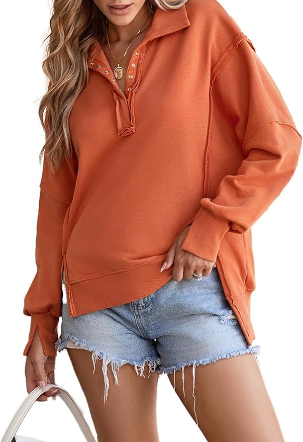 SHEWIN Womens Sweatshirt Casual Long Sleeve Button Down V Neck Pullover Tops Reverse Seam Loose S... | Amazon (US)