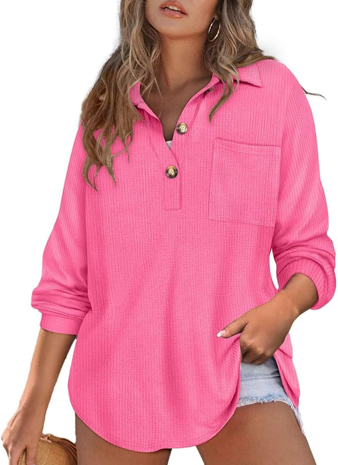CARCOS Plus Size Tops for Women Waffle Knit Henley Shirts Long Sleeve Button V Neck Tunics Casual... | Amazon (US)