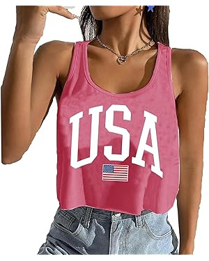 BOMYTAO Women's American Flag Crop Top Tank Top 4th of July Patriotic Stars Stripes Print Sleevel... | Amazon (US)