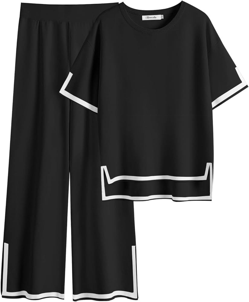 Caracilia Women 2 Piece Outfits Lounge Sets Knit Sweater Sets Maching Lounge Wear Pajama Jogger T... | Amazon (US)