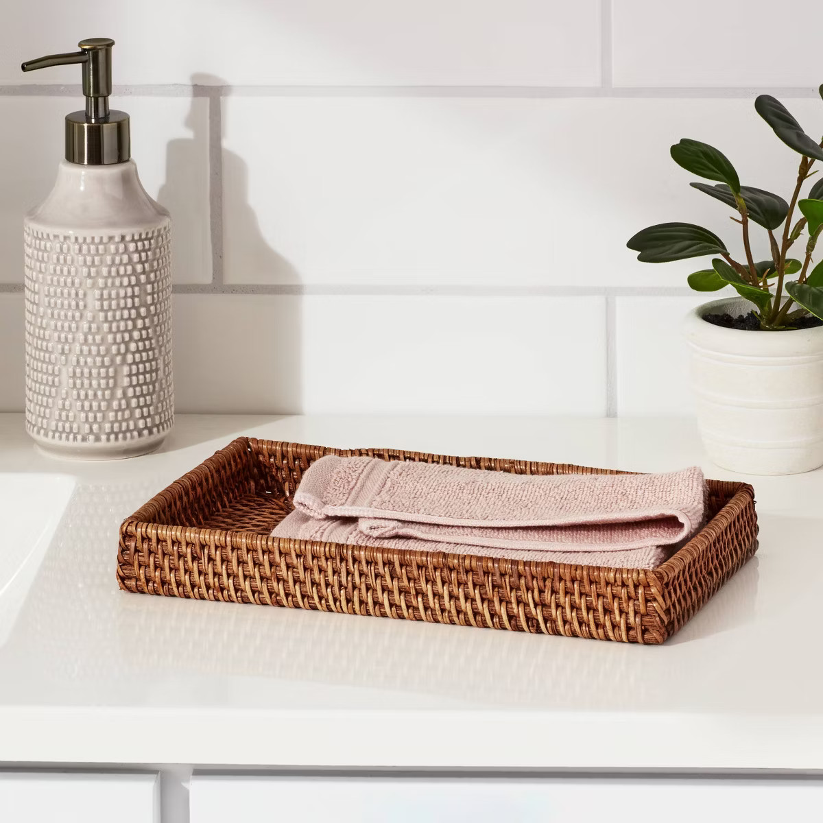 Rattan Tray Light Brown - Threshold™: Vanity Organizer, Spot Clean, Bathroom Accessory, 10.25" ... | Target