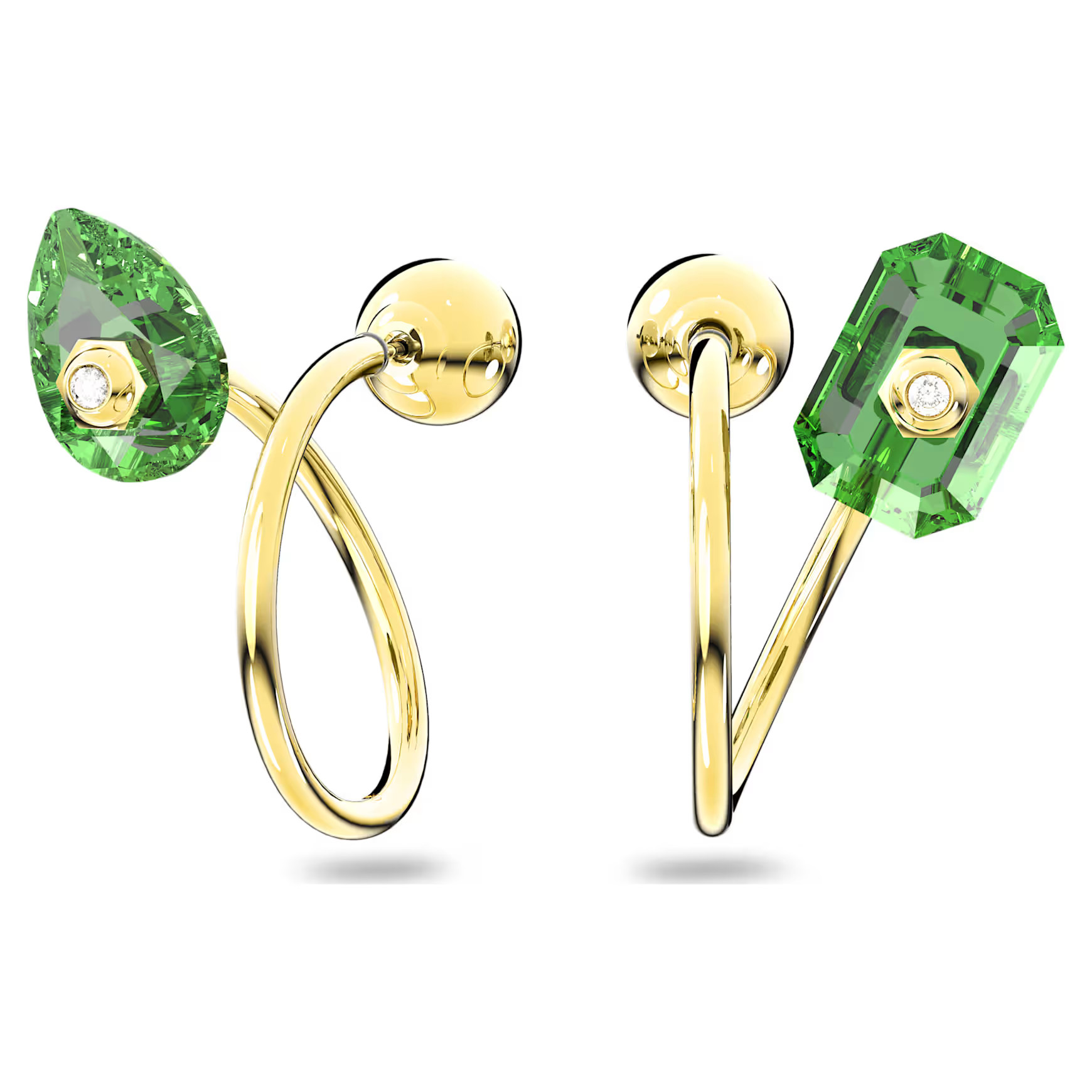 Numina drop earrings, Asymmetrical design, Mixed cuts, Green, Gold-tone plated by SWAROVSKI | SWAROVSKI