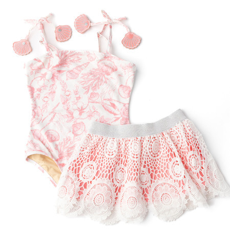 Seaside Toile Girls One Piece & Skirt Swimsuit Set 6m-10 | Shade Critters