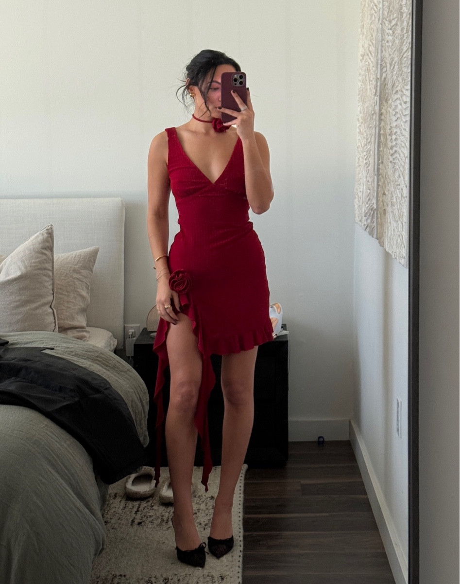 resa red ruffle mini dress, revolve black mesh mules kitten heels, GRLFRND black faux leather jacket #valentinesdayinspo #styleinspo #styleaesthetic 

#LTKstyletip #LTKfindsunder100 #LTKMostLoved