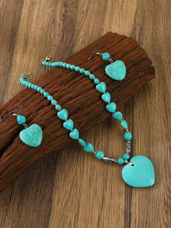 3 stks/set Vintage Boheemse Stijl Hart & Turquoise Ontwerp Ketting En Oorbel Set Idee Cadeaus Voo... | SHEIN