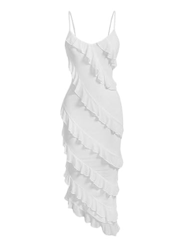 Floerns Women's Ruffle Trim Cami Dress Sweetheart Neck Asymmetrical Hem Dresses White Large | Amazon (US)