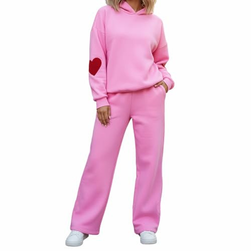 Mxiqqpltky Womens 2 Piece Outfits Y2K Heart Print Sweatsuit Set Lounge Long Sleeve Hoodie Wide Leg Sweatpants Tracksuits Sets (Rose Red, M) | Amazon (US)