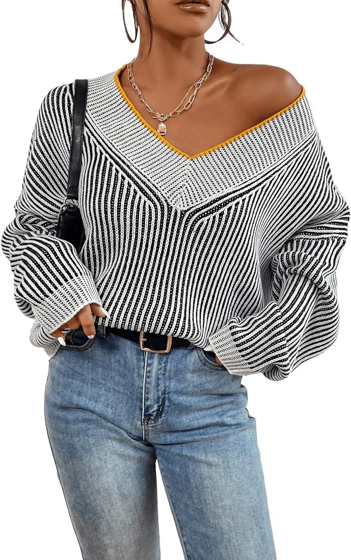 SweatyRocks Women's Striped V Neck Long Sleeve Sweater Drop Shoulder Loose Fit Pullover Knitwear ... | Amazon (US)