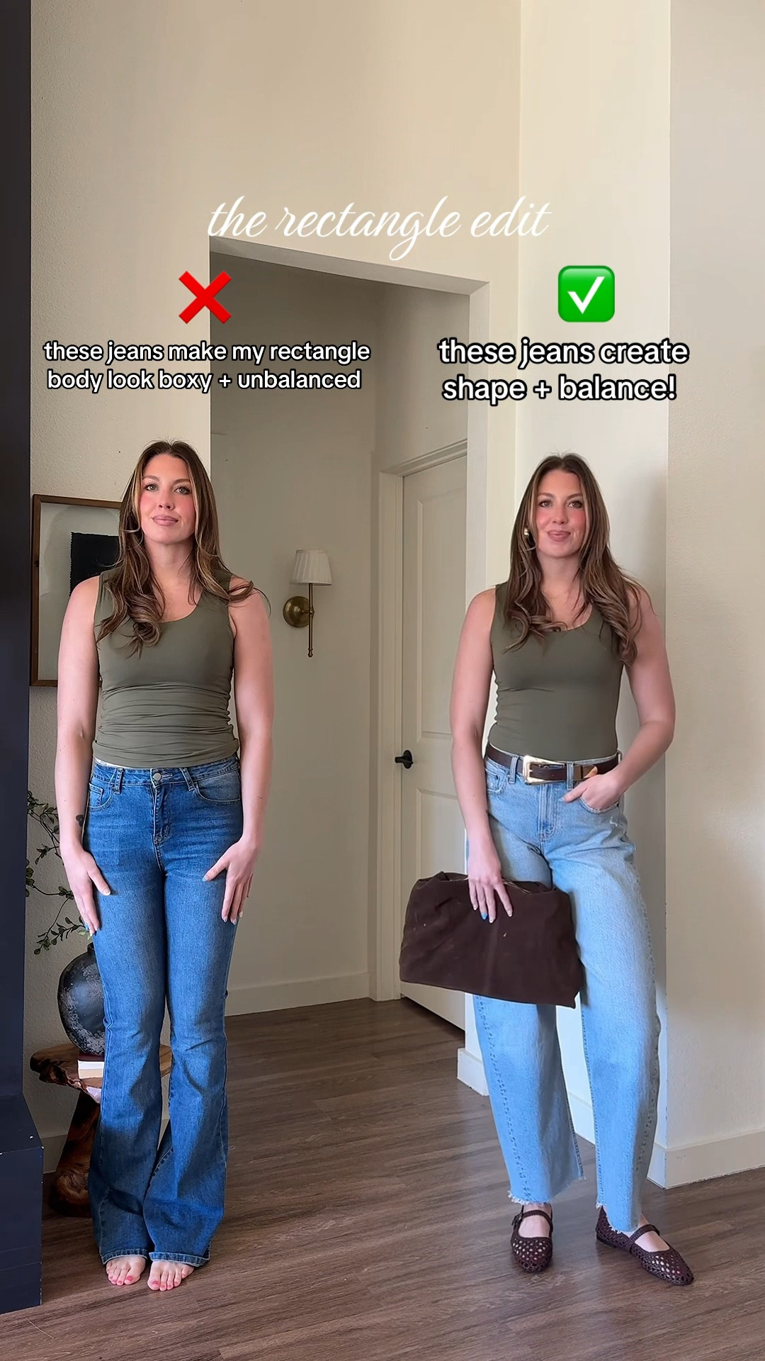 Instead of slim fit jeans - try barrel jeans instead! Also linked some more rectangle body approved jean options below. 

I’m wearing: small in tank and 27 long in jeans 